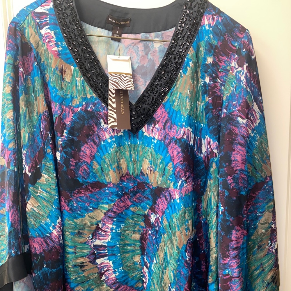 NWT! Dana Bachman printed tunic beaded neck Sz s!
